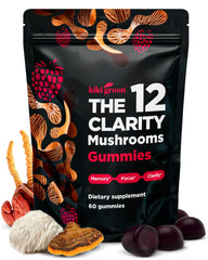 KIKI Green raspberry mushroom gummies bottle for daily focus support.