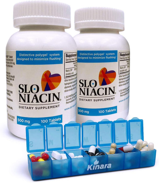 Kinara Slo Niacin 500 mg bottle showing flush-free formula for daily use