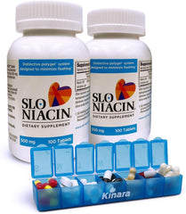 Kinara Slo Niacin 500 mg bottle showing flush-free formula for daily use