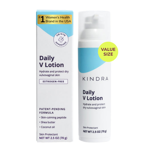 Kindra Daily V Moisturizer bottle front shows XL size for vulvar hydration