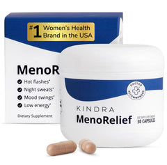 Kindra MenoRelief bottle with capsule for daily menopause comfort.