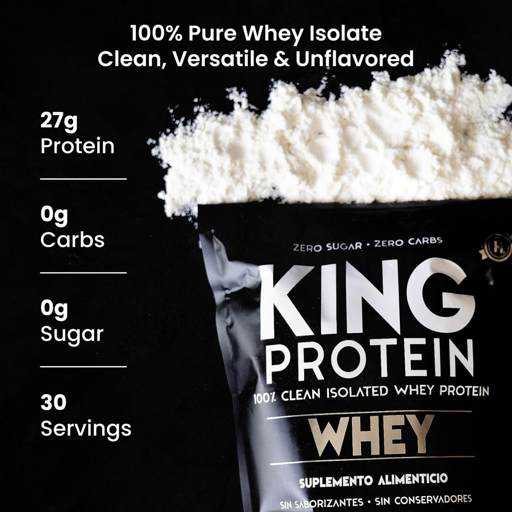 KING Protein Clean Whey Isolate tub front highlighting pure formulation for keto-friendly nutrition