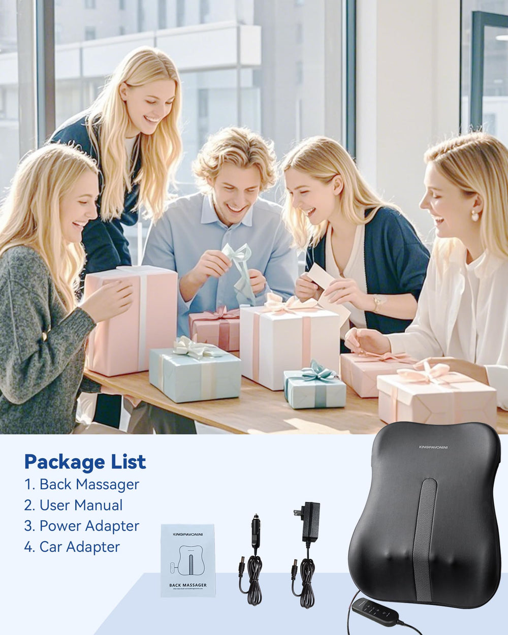 KingPavonini back massager includes car adapter and versatile carry options.