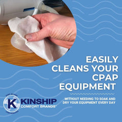 Kinship Comfort Brands CPAP wipe in use on a mask for residue-free surfaces