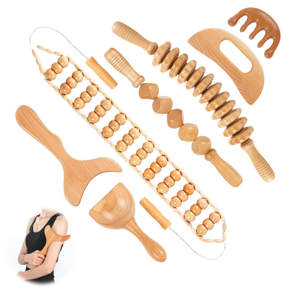 KintKita 7-in-1 wood therapy kit laid out for at-home spa sessions.