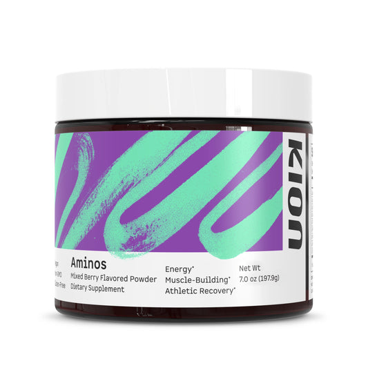 Kion Aminos mixed berry tub front, ready for daily workouts and recovery support.