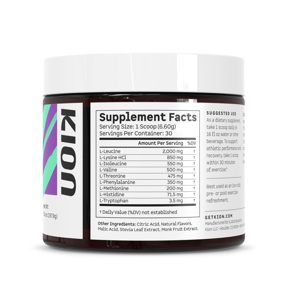 Kion Aminos watermelon powder offering a fruity, caffeine-free option.