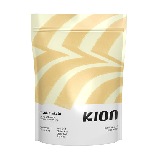 Kion Clean Protein bottle front highlighting grass fed quality and unflavored formula