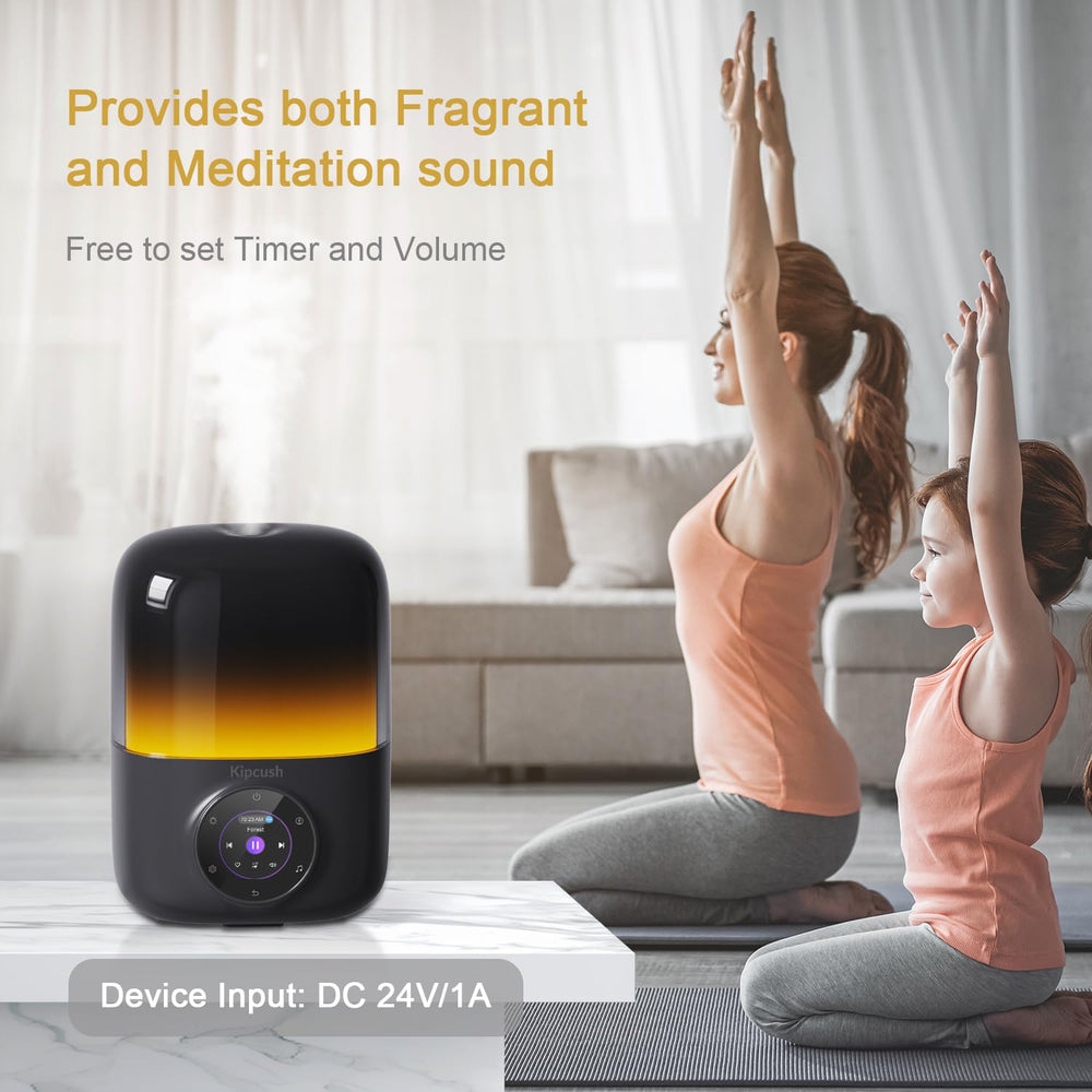 Kipcush diffuser with 19 nature sounds for customizable ambience.