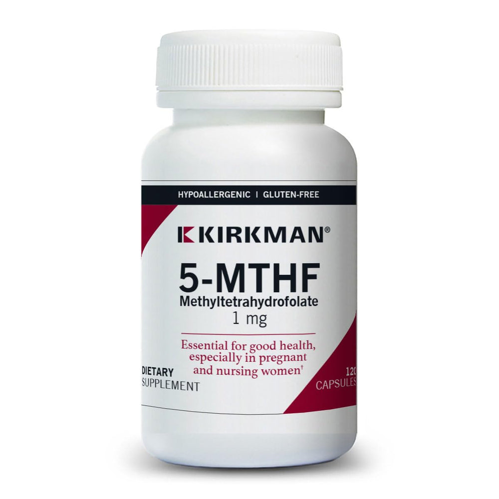 Kirkman 5-MTHF bottle front shows hypoallergenic folate option.