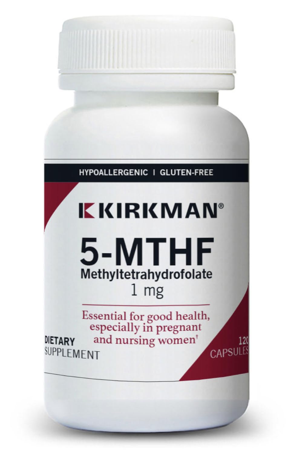 Kirkman 5-MTHF bottle front shows hypoallergenic folate option for daily use.