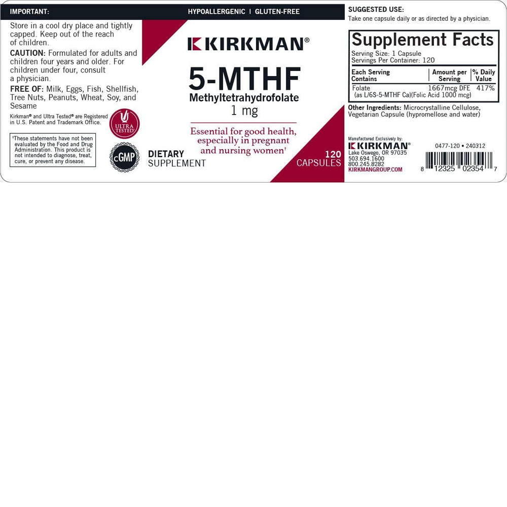 Close-up of Kirkman 5-MTHF capsules ready for daily folate intake.