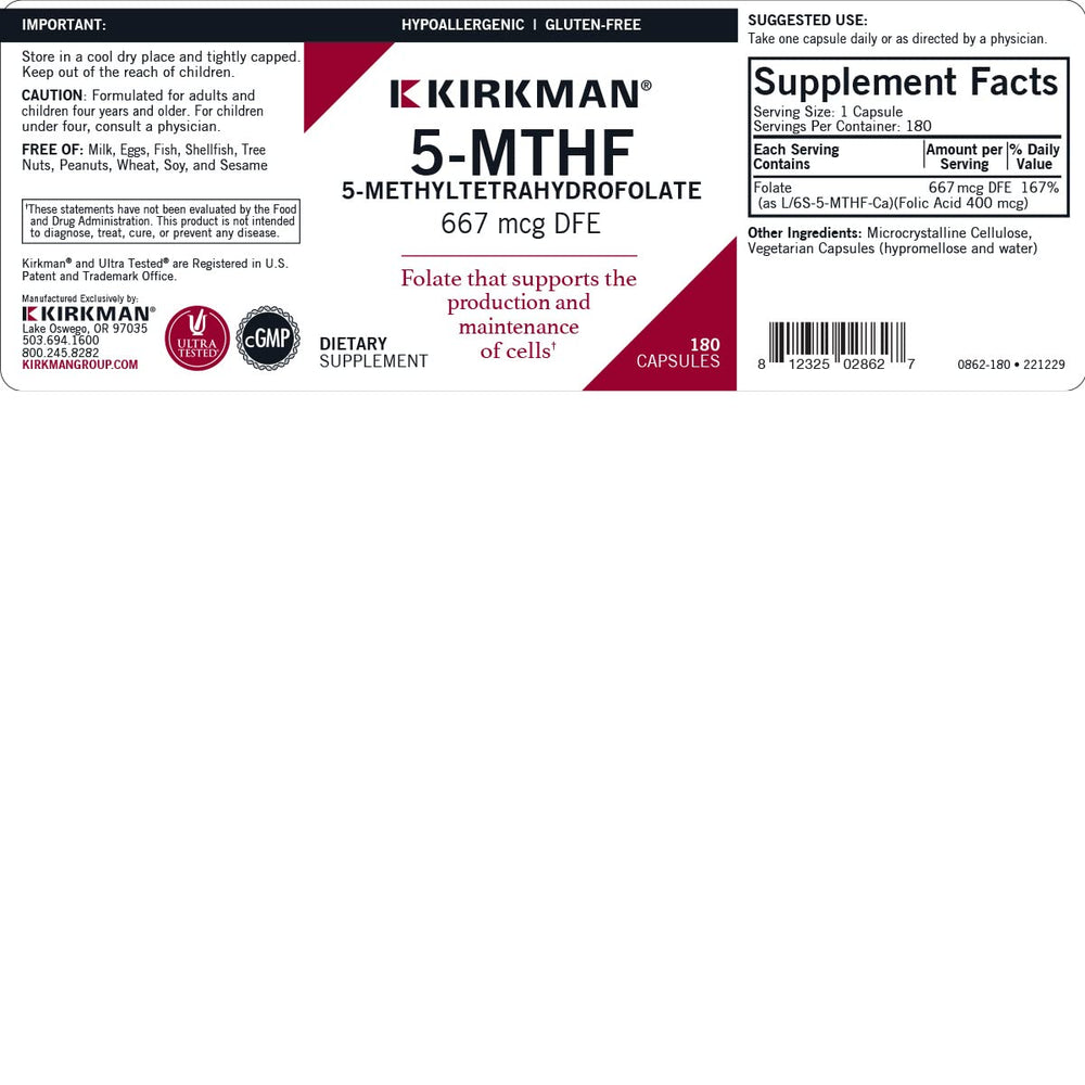 Kirkman 5-MTHF tablets dispensed in bottle for dosing.
