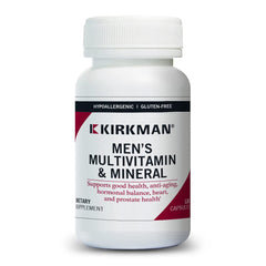 Kirkman 60-90 Men's Multivitamin bottle with vegetarian capsules supports daily health and enzyme function.