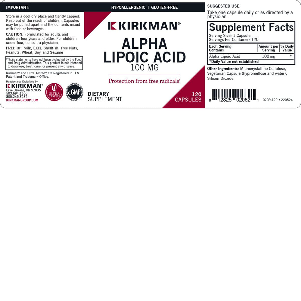 Kirkman Alpha Lipoic Acid 100 mg label image with clear ingredient details