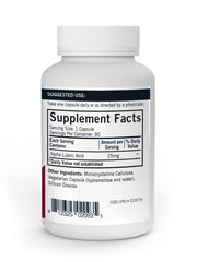 Kirkman Alpha Lipoic Acid 25 mg capsules label shows product details and usage