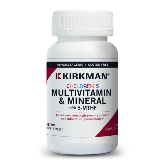 Kirkman Children's Multivitamin bottle front showing hypoallergenic formulation for sensitive kids.