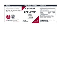 Kirkman CoQ10 label close-up highlighting hypoallergenic ingredients and vegan capsules.