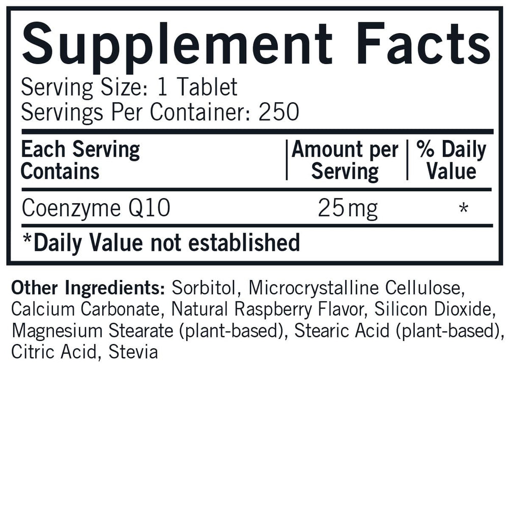 Kirkman CoQ10 25 mg bottle label shows gluten-free and casein-free features