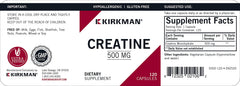 Kirkman Creatine 500 mg Ultra Tested label indicating quality and purity.