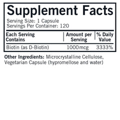 Kirkman D-Biotin 1000 mcg capsules close-up label highlighting hypoallergenic, plant-based formula.