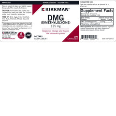 Kirkman DMG label close-up with dosage and hypoallergenic notes for safety.