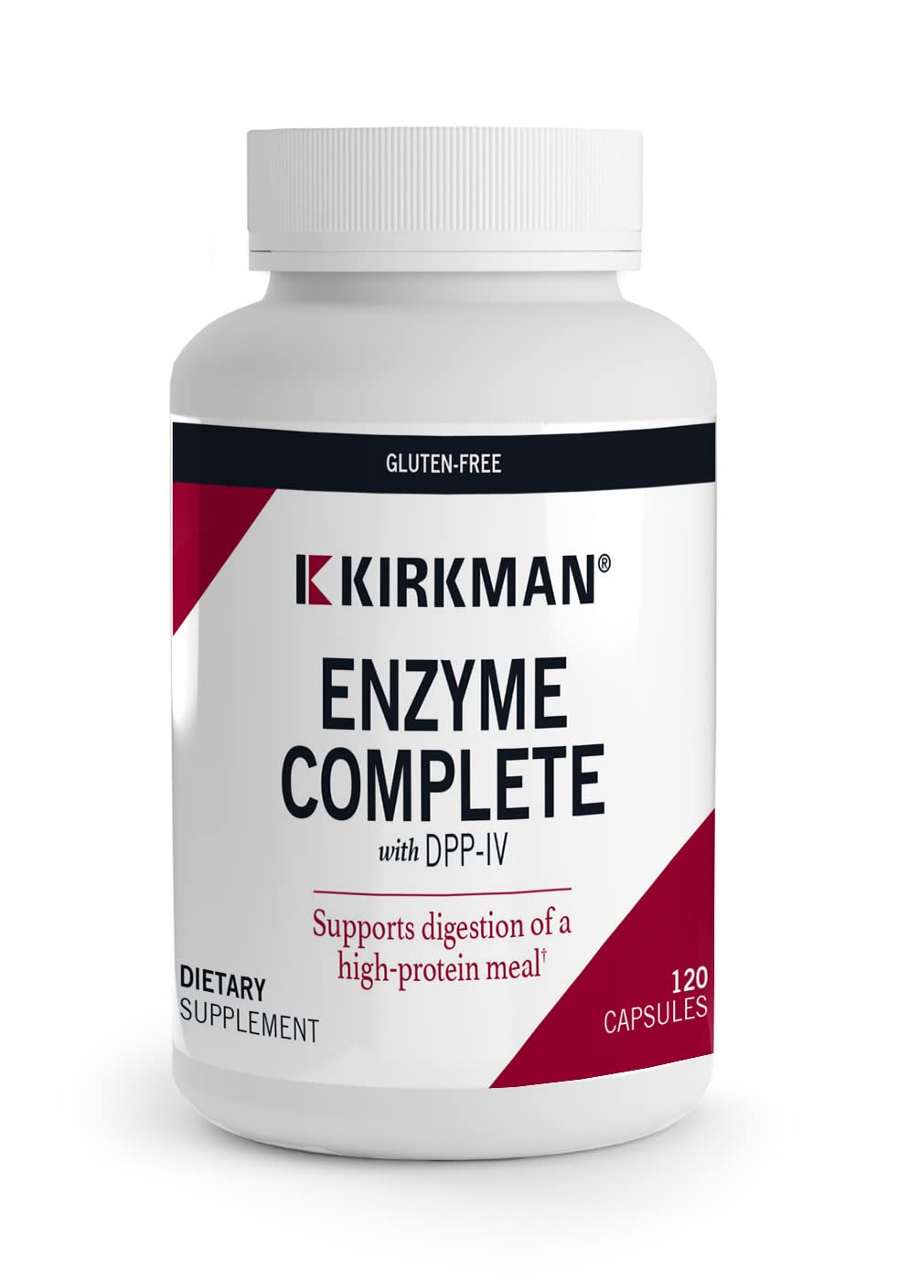 Kirkman Enzyme Complete DPP-IV bottle highlighting broad digestive support for diverse meals