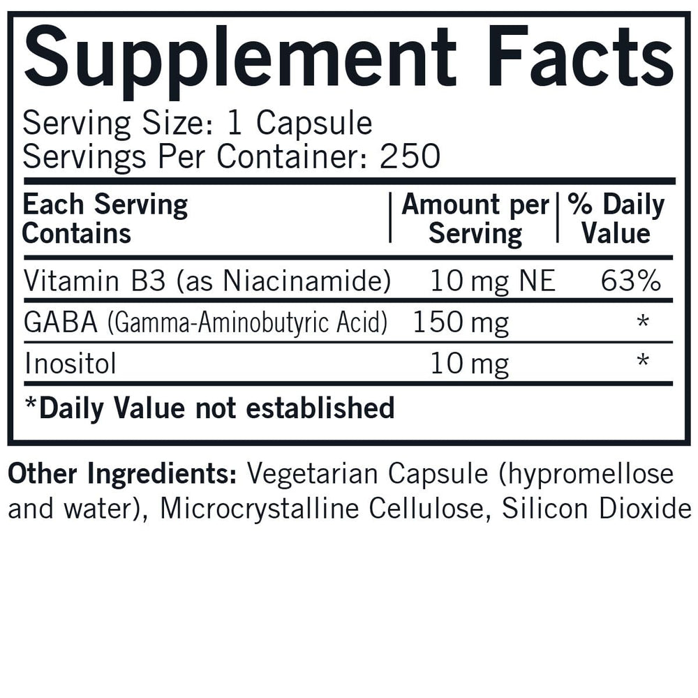 Kirkman GABA capsules close-up highlights niacinamide and inositol for relaxation.