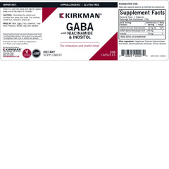 Kirkman GABA label detail shows hypoallergenic formula and allergen-safe ingredients.