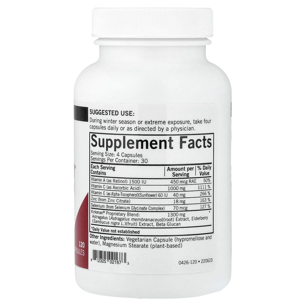 Kirkman Immuno-Aid capsules close-up highlighting hypoallergenic immune support and elderberry
