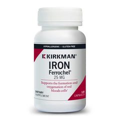Kirkman Iron 25 mg Bio-Max capsules bottle for daily iron support.