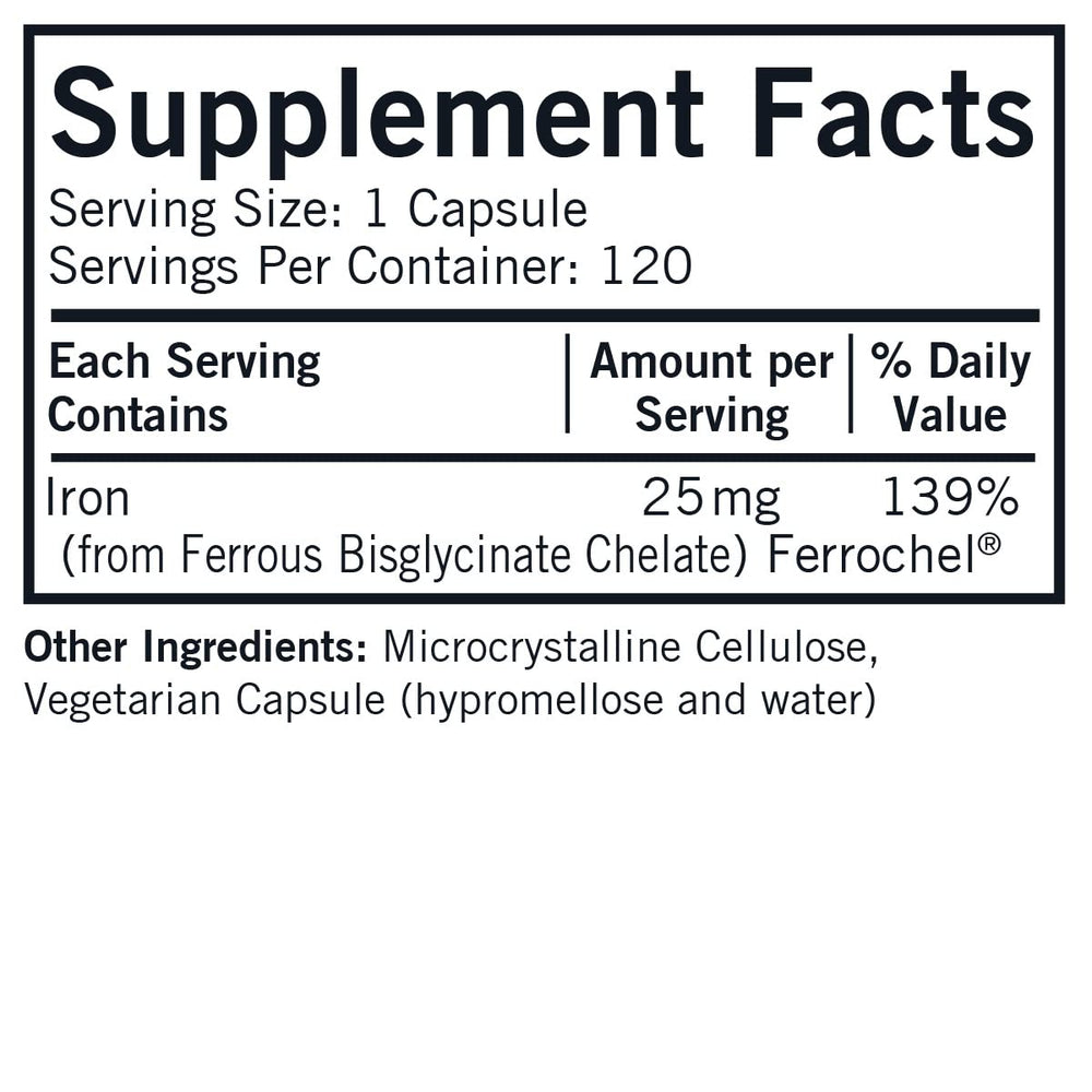 Closeup of Kirkman Iron 25 mg Bio-Max capsules highlighting gentle chelated iron.