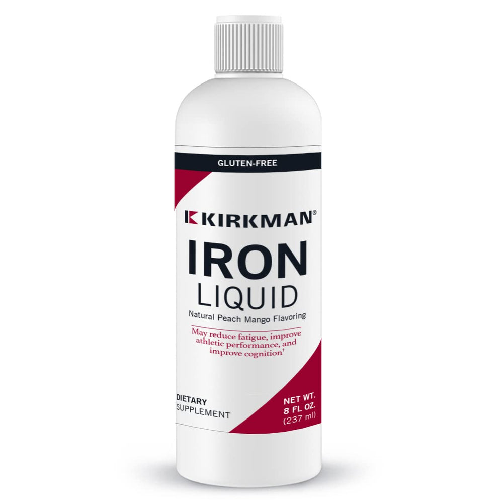 Kirkman Iron Liquid bottle being poured for easy daily dosing.