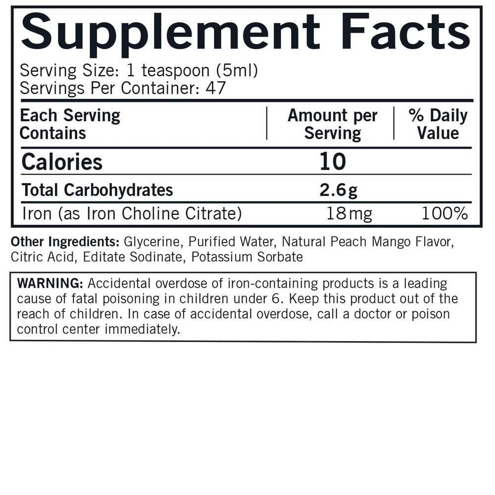 Kirkman Iron Liquid label shows gluten-free and allergen-free formulation.