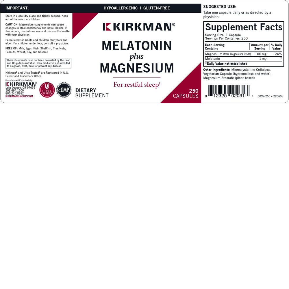 Kirkman Melatonin Plus Magnesium capsules dispensed for convenient daily use.