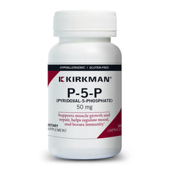 Kirkman P-5-P 50 mg bottle showcasing hypoallergenic formula for daily wellness.