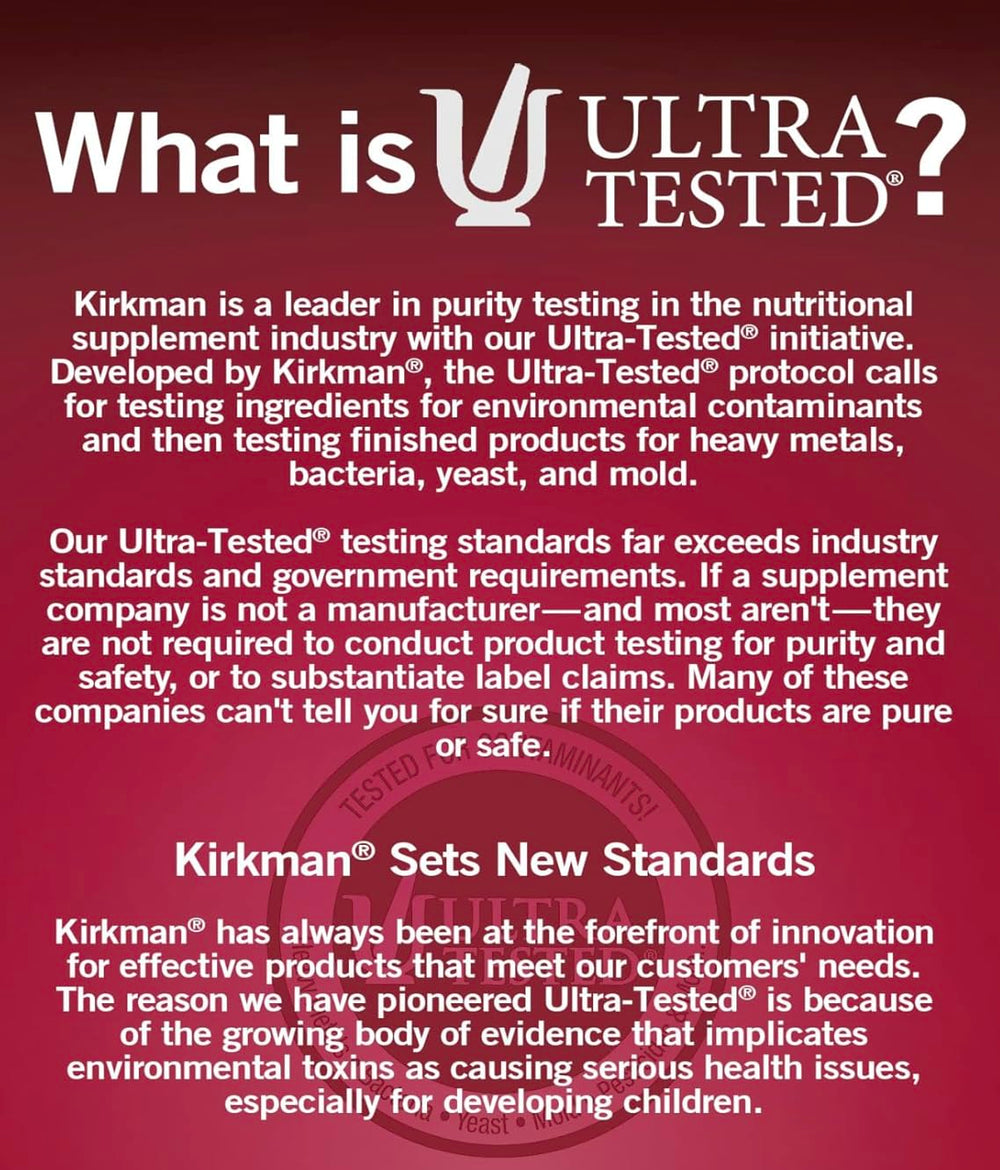Kirkman P-5-P ingredients list highlights gluten and casein-free nutrition.