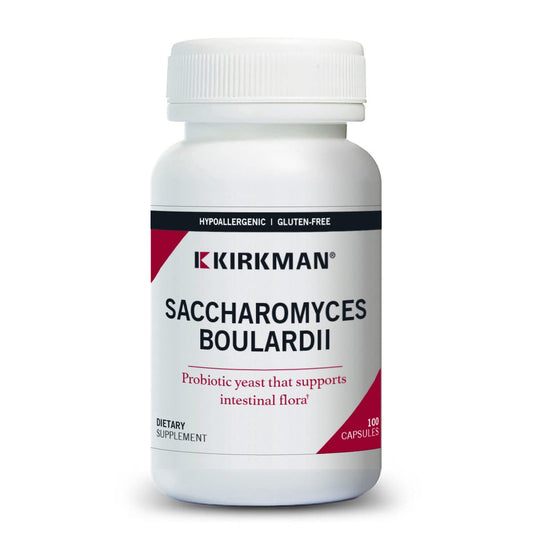 Kirkman Saccharomyces boulardii bottle pour shows probiotic capsules for digestive support