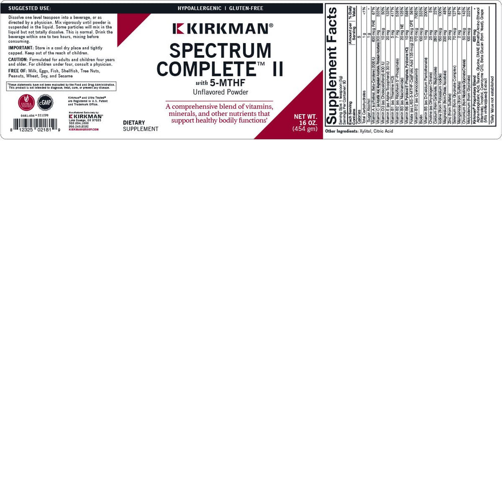 Kirkman Spectrum Complete II Powder label closeup highlights gluten and casein free ingredients.