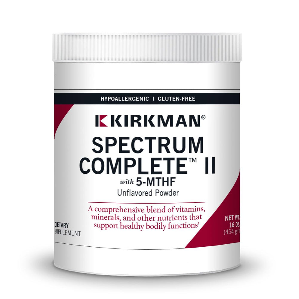 Kirkman Spectrum Complete II Powder tub front shows hypoallergenic formula for daily nutrition.