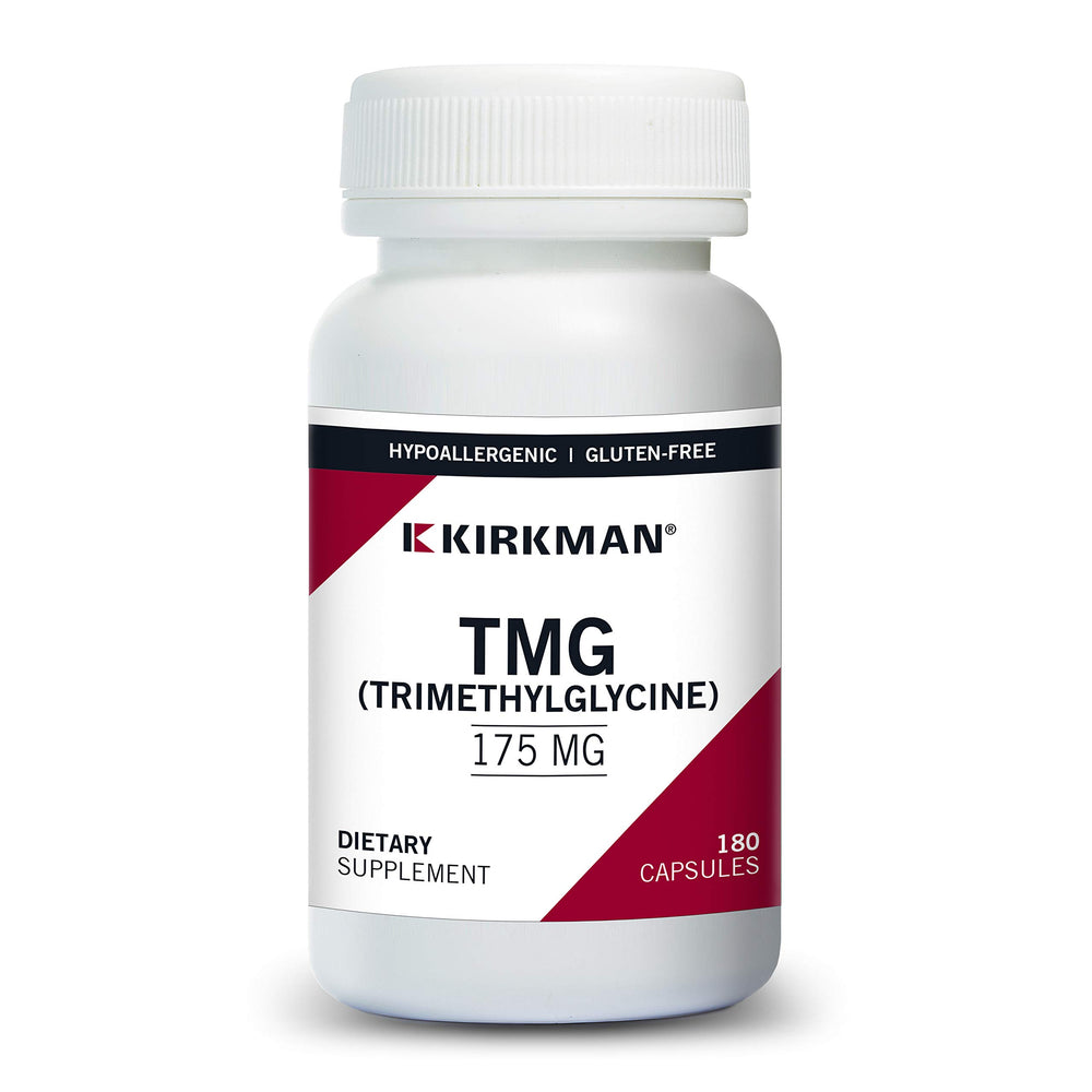 Kirkman TMG 175 mg bottle close-up in natural light, showing a hypoallergenic, plant-based supplement.