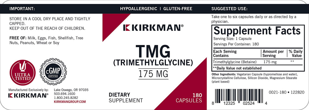 Kirkman TMG 175 mg bottle on kitchen counter, beets-derived source emphasized.