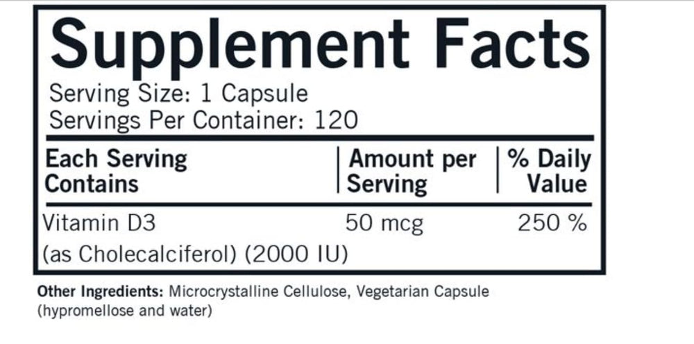 Kirkman Vitamin D-3 2000 IU label close-up showing potency and hypoallergenic formula
