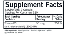 Kirkman Vitamin D-3 2000 IU label close-up showing potency and hypoallergenic formula