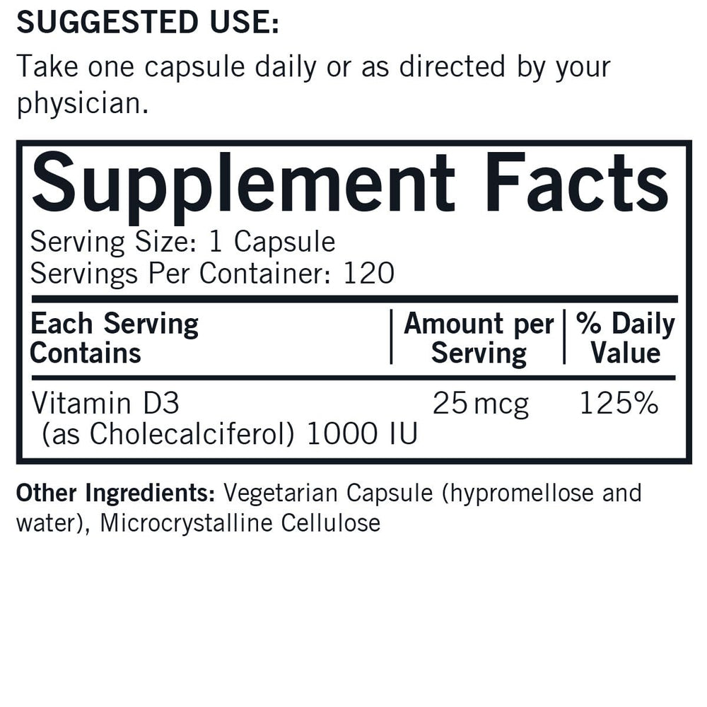 Close-up of Kirkman Vitamin D-3 1000 IU capsules for easy daily use.