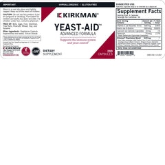 Label close-up of Kirkman Yeast Aid Advanced Formula showing key ingredients.