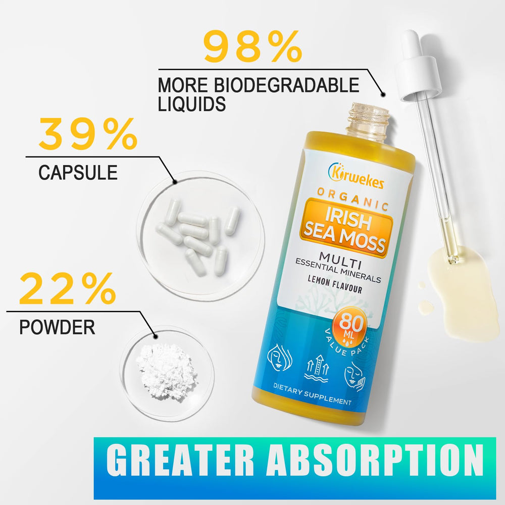 Kirwekes Sea Moss Drops 80-day supply promotes a consistent wellness routine.