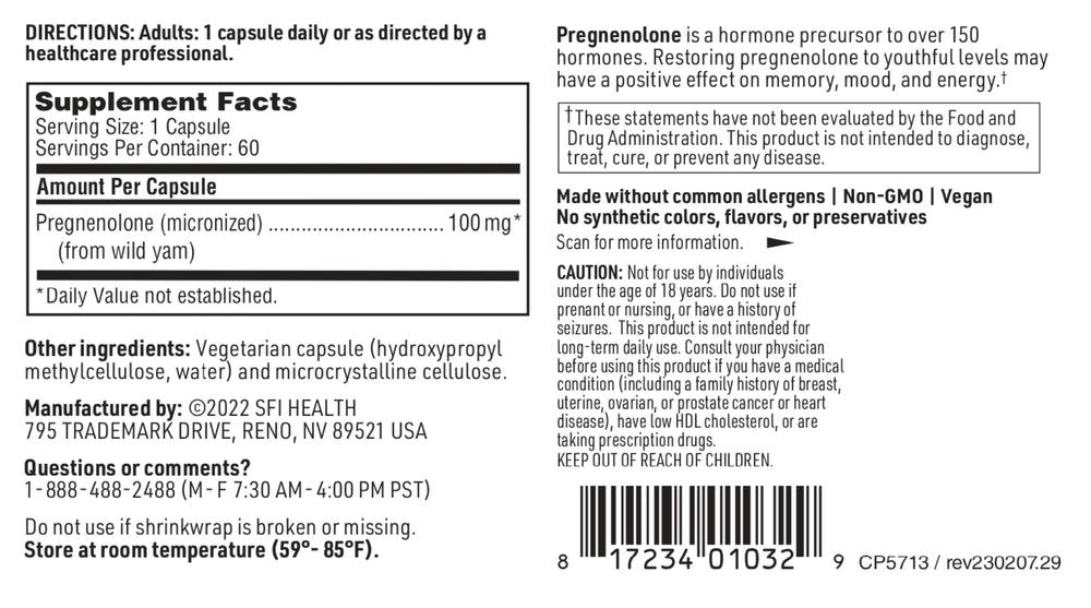 Klaire Labs Pregnenolone 100 mg per capsule detail on label for dosing