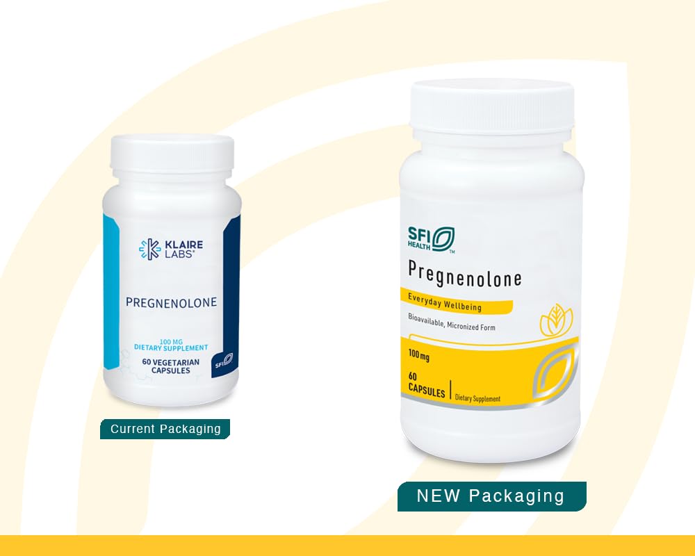 Klaire Labs Pregnenolone capsules closeup emphasizing micronized absorption