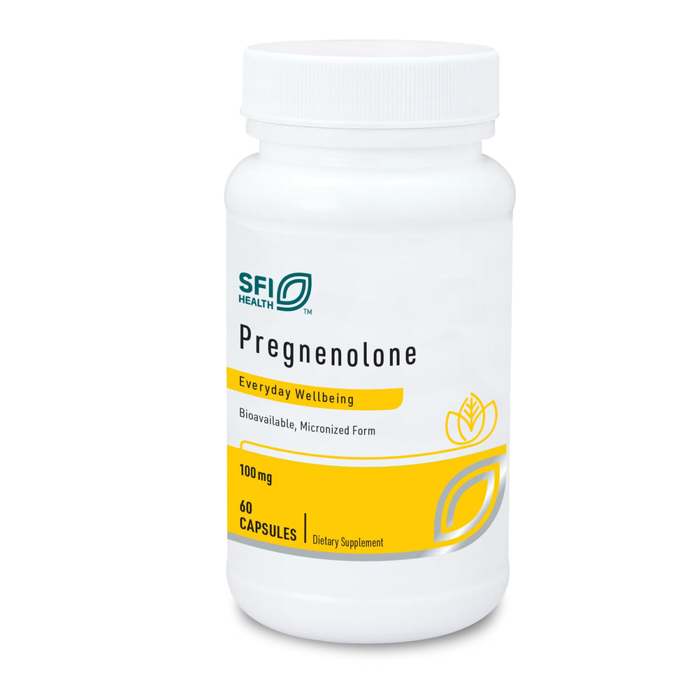 Klaire Labs Pregnenolone pill bottle with 60 capsules showing potential mood and energy support